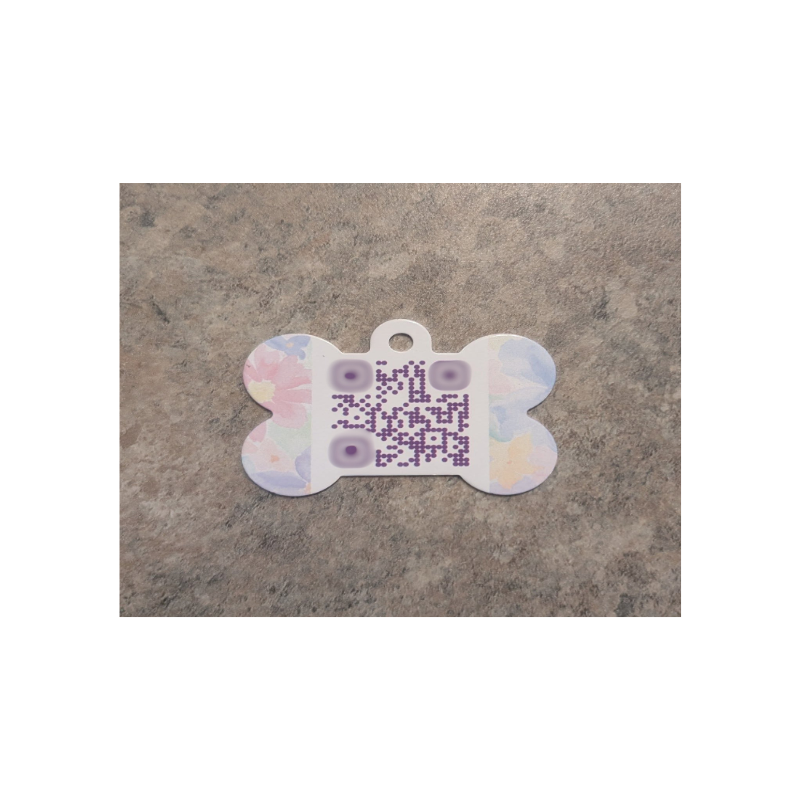 Personalized aluminum QR code pet tag with custom design by Guy Makes Tags