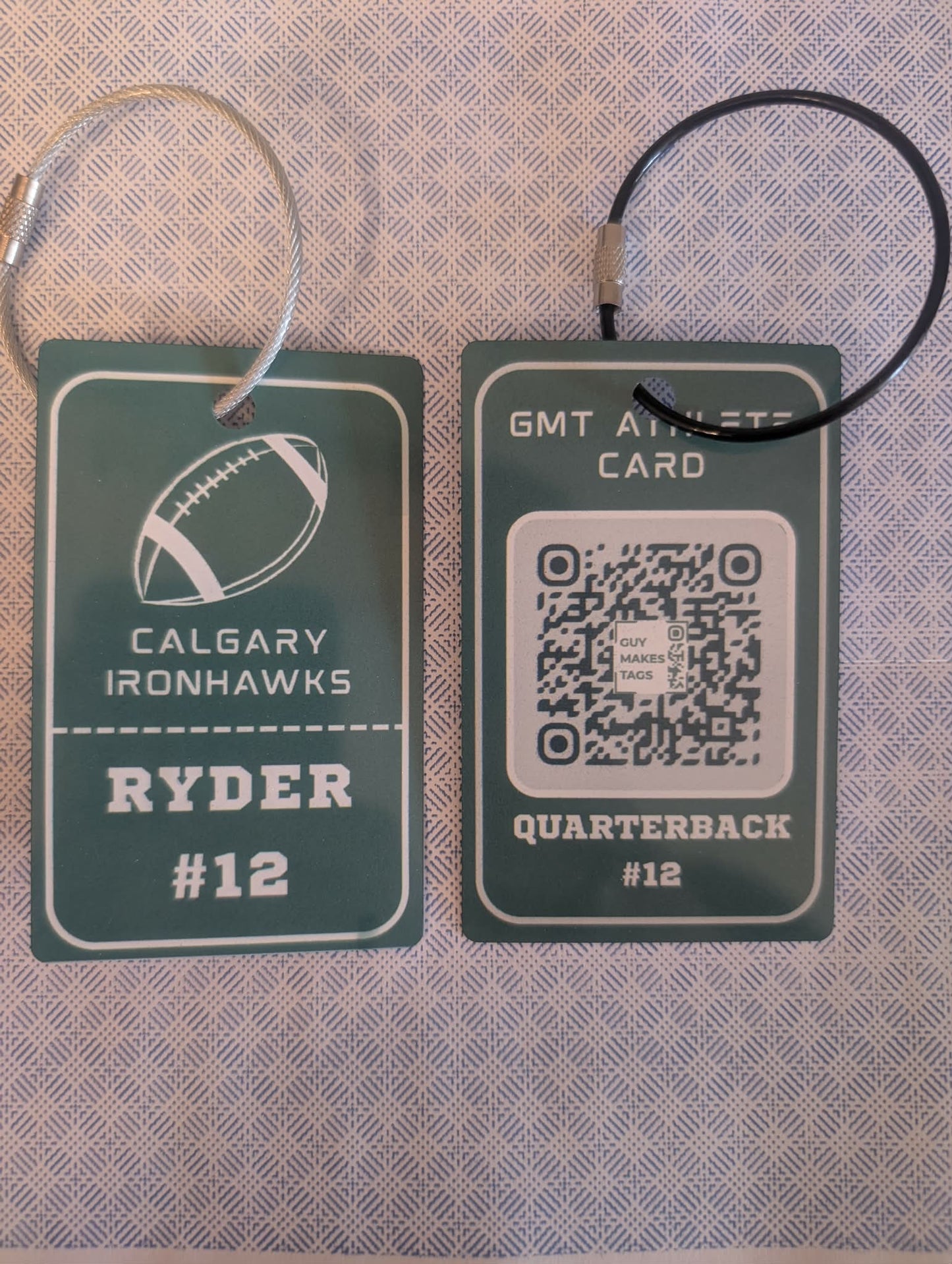 Custom QR athlete card with personalized player details and sports profile by Guy Makes Tags